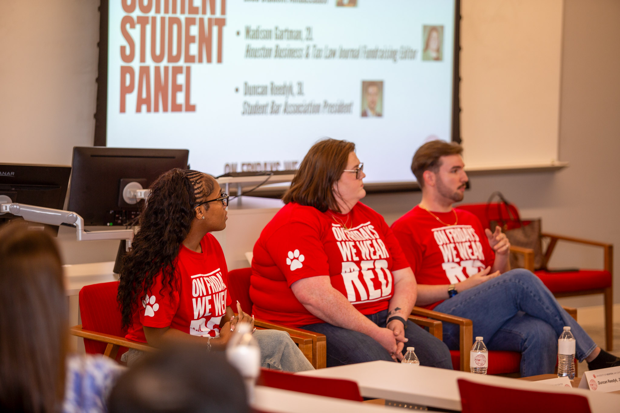 UHLC students Morgan Billingsley, Madison Gartman, and Duncan Reedyk speak on a current students panel during Admitted Students Day.